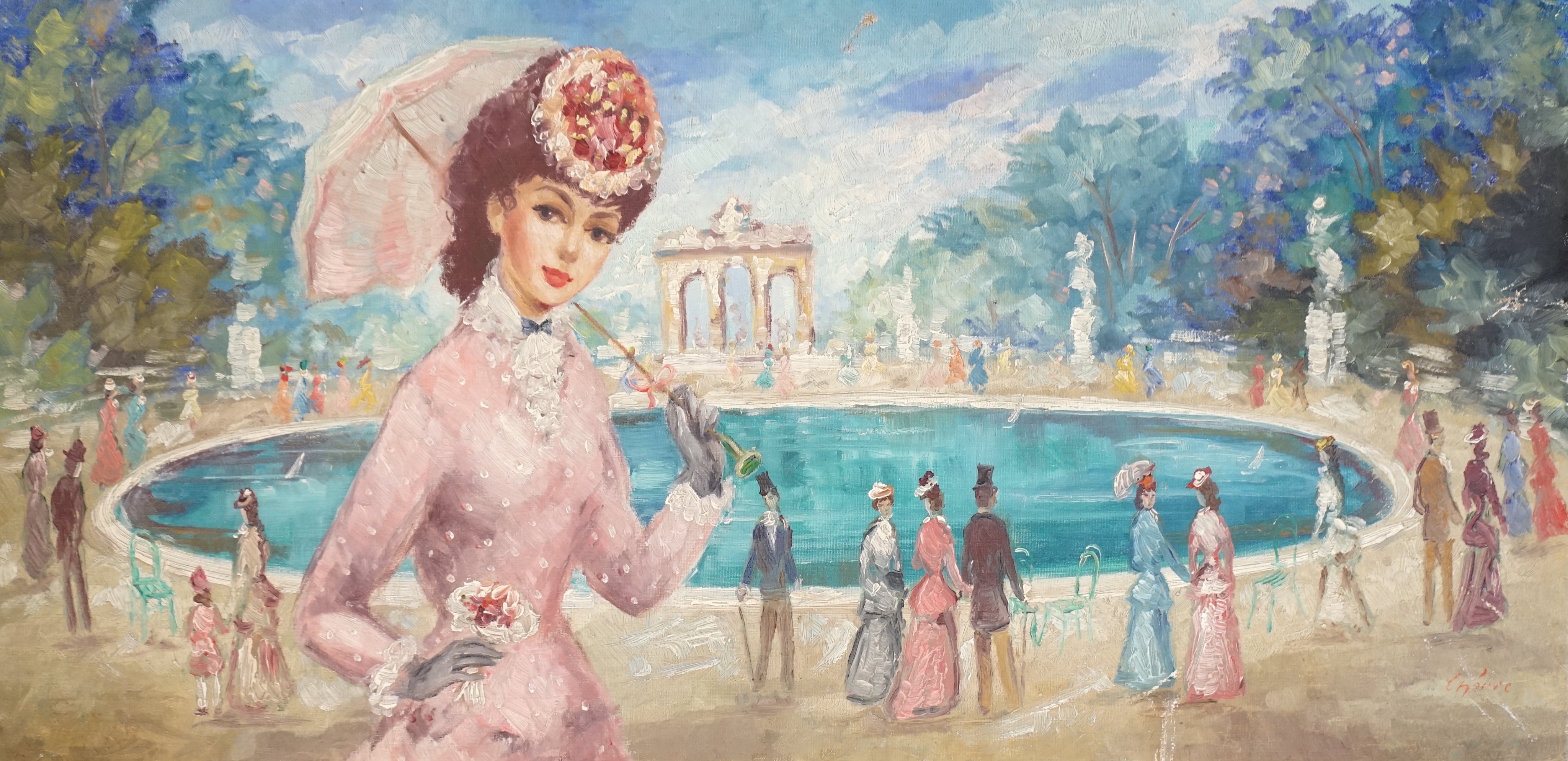 Gustave Cherie (b.1908), oil on canvas, Young lady and other figures around a boating pond, signed, 41 x 81cm, unframed